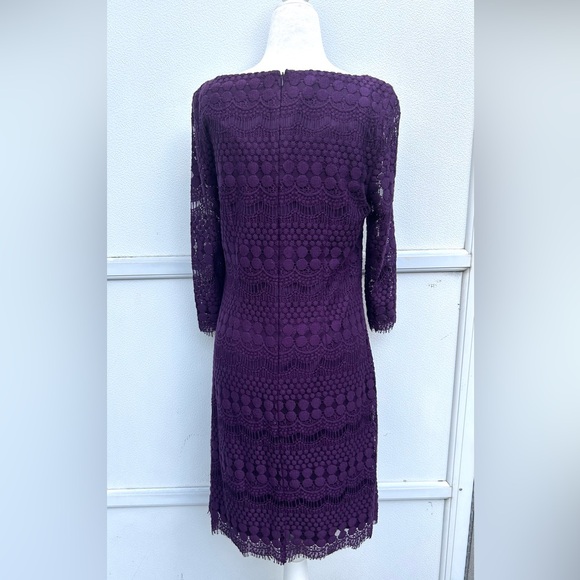 Eliza J Dress Sz 8 Purple Lace 3/4 Sleeve Midi Lined Shift Party Cocktail - Picture 11 of 12